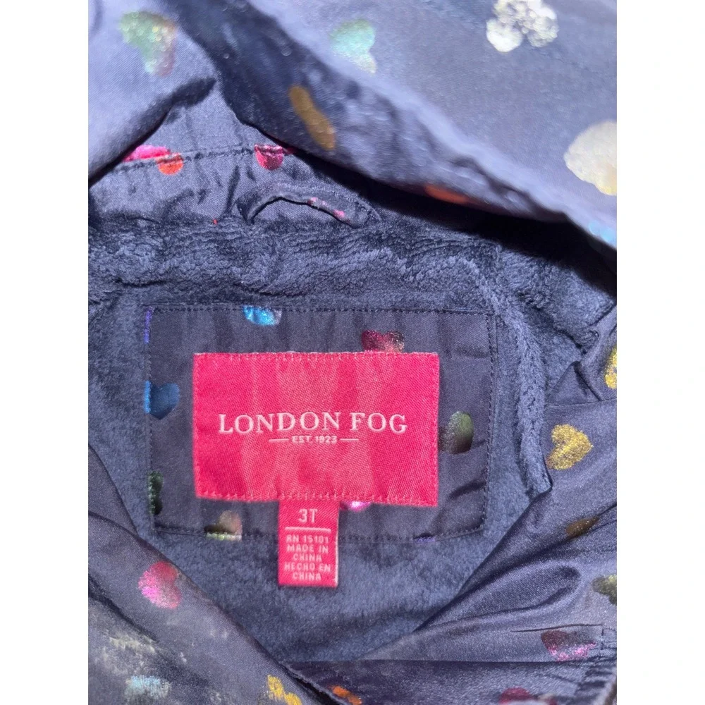 London Fog Kids Girls 3T Navy Blue Rainbow Heart Hooded Raincoat Jacket